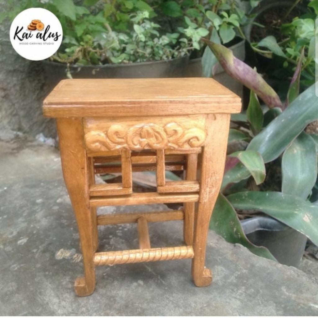 Meja Bonsai Mini bahan kayu jati model semi ukir kaki tinggi