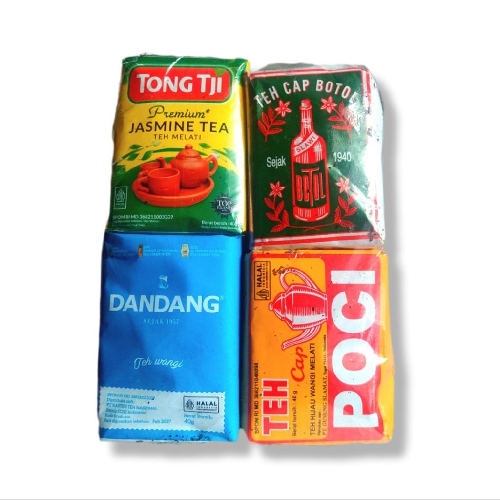 

Racikan teh dandang biru, cap botol hijau, poci, tong tji jasmine 40 gram