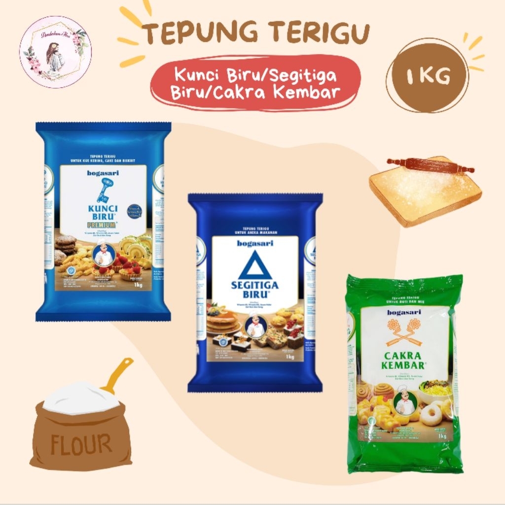 

Tepung Terigu Segitiga Biru/Cakra Kembar/Kunci Biru 1 kg