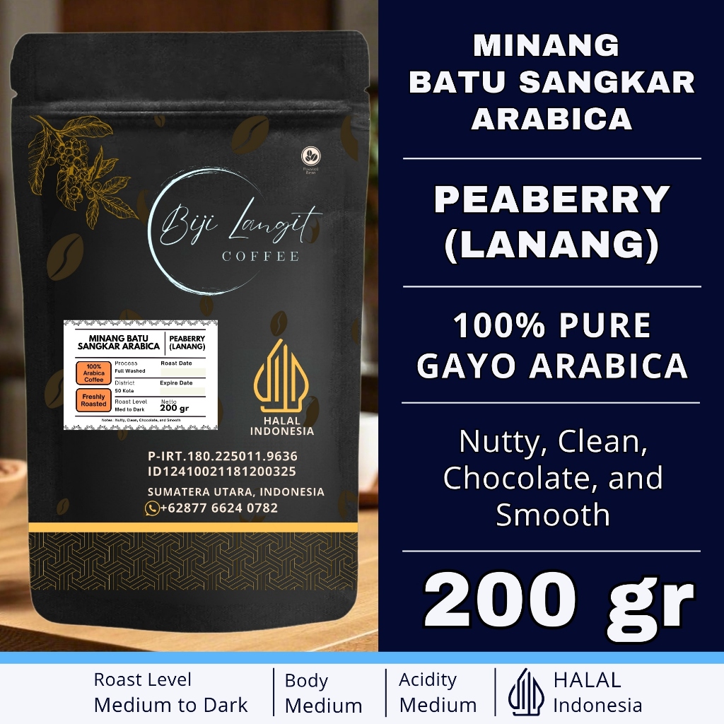 

200-gram-Biji-Kopi-Minang-50 Kota-Arabica-Peaberry-Lanang-100%-Pure-Arabica-Coffee-Bean