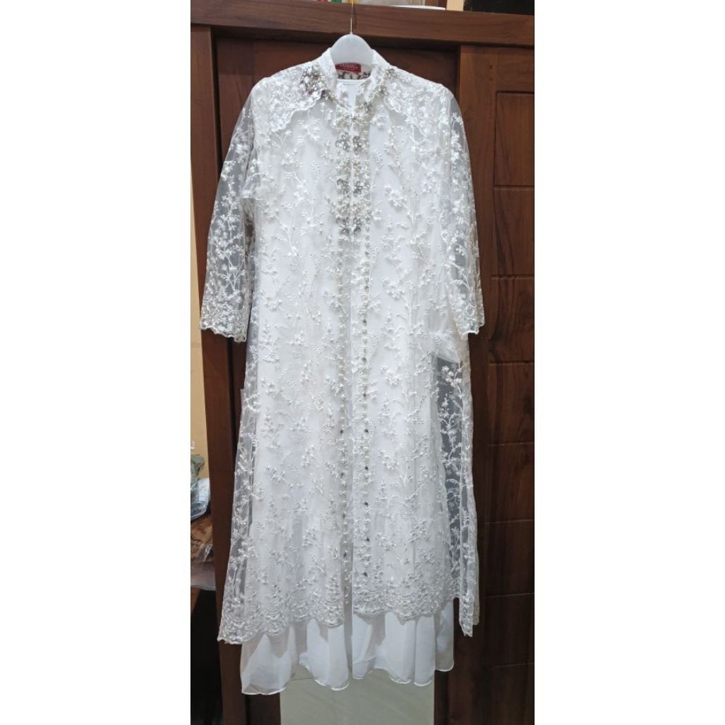 gamis brukat putih 2in1, gamis akad nikah, gamis pesta