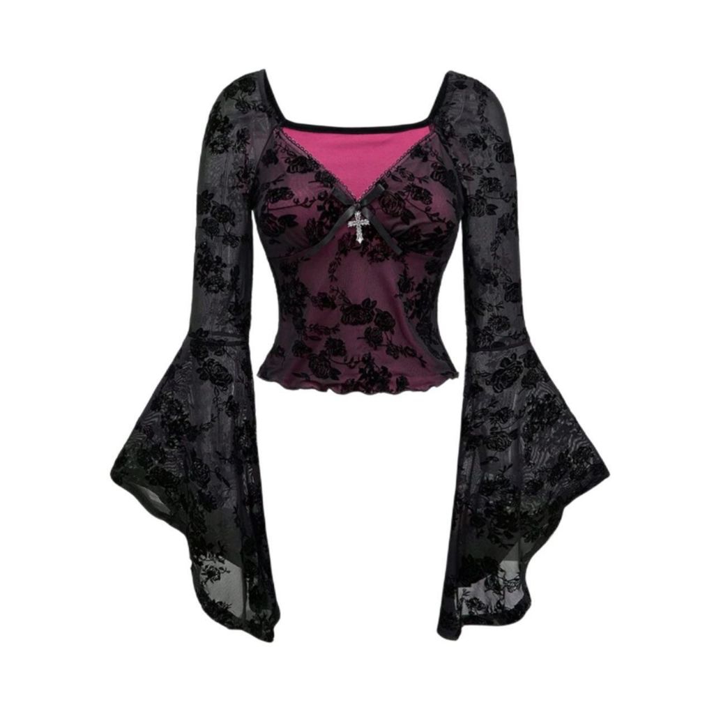 BNWT Romwe romantic goth cross bead decorated v neck flare bell sleeve dark coquette lace tight top 