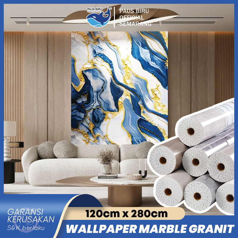 Paus Biru - Wallpaper Dinding Vinyl 120 x 280cm Motif Marmer Marble Foam Roll Sticker Kamar Dekorasi