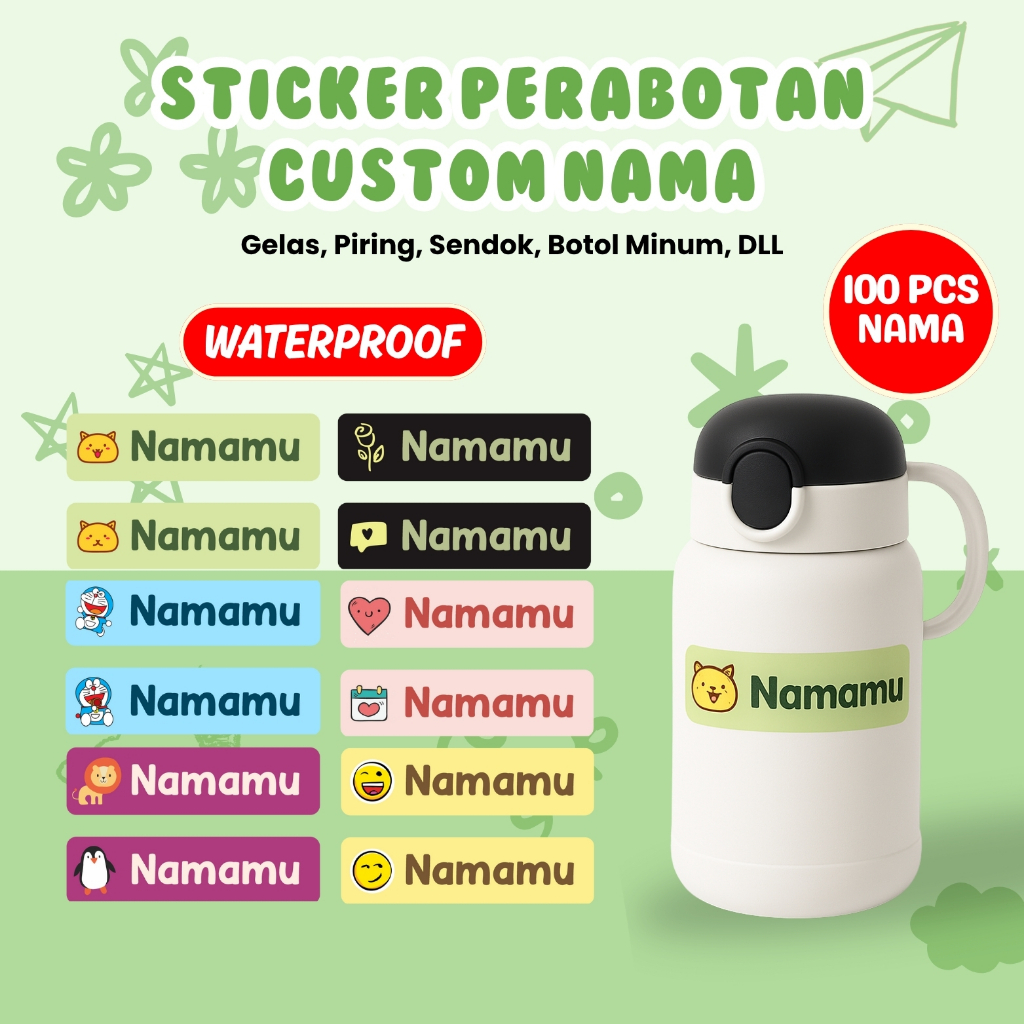 

100Pcs Sticker Custom Nama Piring Sendok Botol Barang Perabotan Stiker Ajaib Waterproof Timbul Label