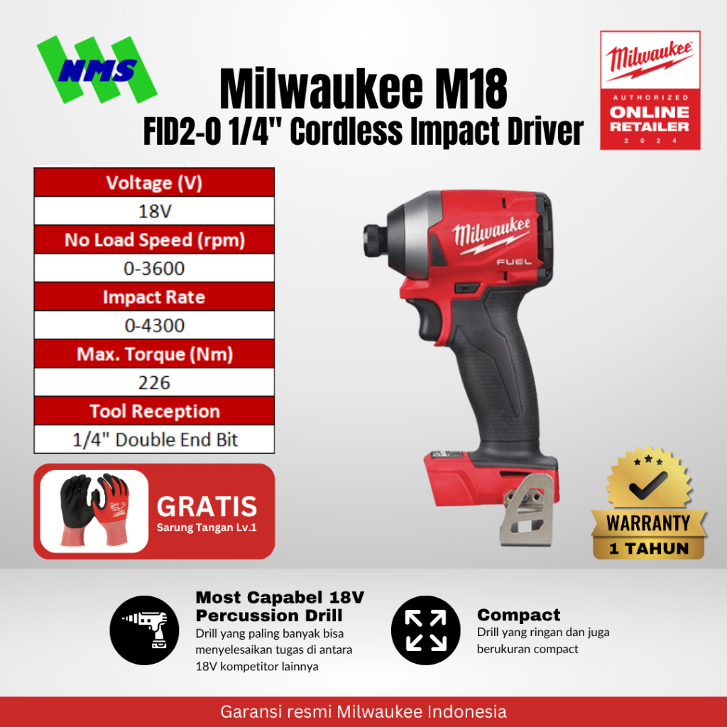 Obeng Bor Milwaukee M18 FID2-0 FUEL 1/4" Cordless Impact Driver Baterai Portable