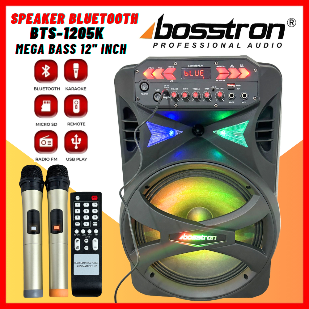 Bosstron Speaker Bluetooth BTS-1205K Mega Bass 12 Inch, Mic speaker Karaoke audio, Speaker portable