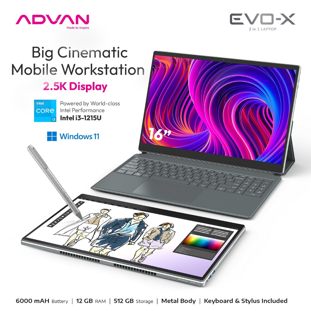 Notebook Laptop ADVAN EVO-X 16 TOUCH 2 in 1 Intel Core i3 1215U/12GB/512GB/16” 2.5K/W11 TOUCH + PEN