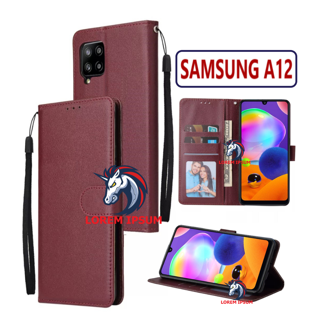 LEATHER CASING SAMSUNG A12 CASE KULIT FLIP WALLET LEATHER KULIT PREMIUM SARUNG BUKA TUTUP KESING HP 
