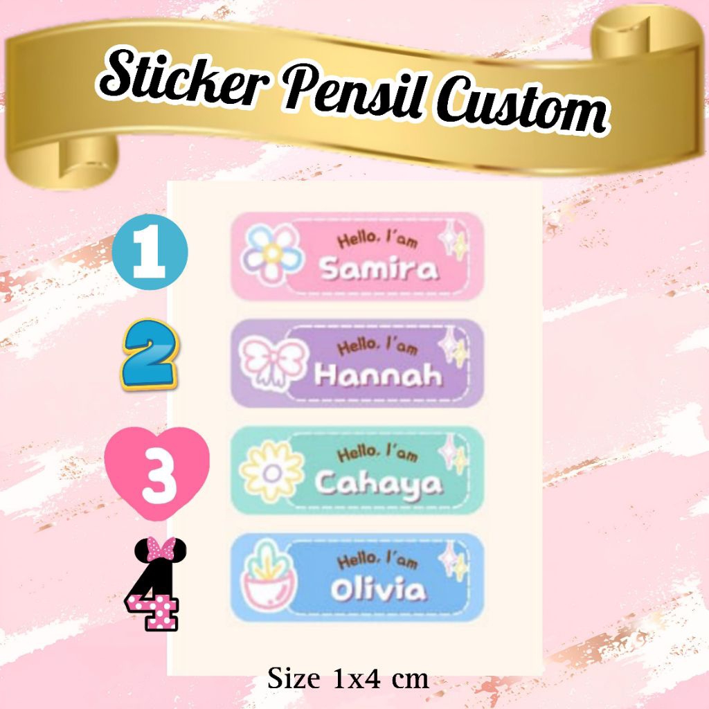 

(ISI 50 PCS) STICKER PENSIL /PULPEN PERLENGKAPAN SEKOLAH CUSTOM NAMA MOTIF KARTUN