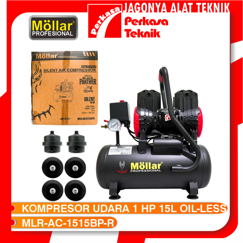MOLLAR AC1515BPR KOMPRESOR UDARA 1HP 15L OILESS SILENT BLACK PANTHER 15 LITER