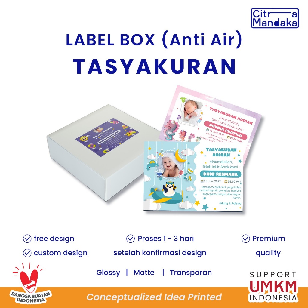 

Stiker Label Makanan Custom Anti Air Vinyl Waterproof Tasyakuran Aqiqah Kelahiran Bayi Nasi Kotak Free Design