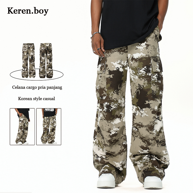 Celana cargo pria hijau panjang Korean style baggy pants straight cut gombrong unisex casual pants