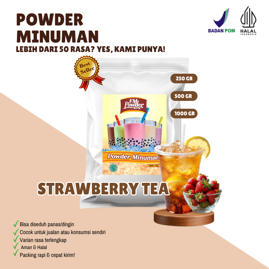 

STRAWBERRY TEA FM Powder Drink - Bubuk Minuman Instan Varian Rasa Teh Kemasan 500gr dan 1000gr(BPOM&HALAL) Minuman Praktis, Harga Hemat, dan Rasa Fantastis