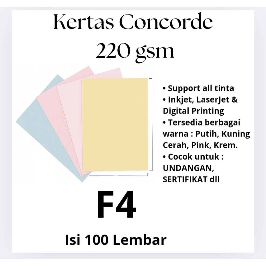 

Kertas Concorde F4 220 GSM Isi 100 Lembar - Kertas Undangan Sertifikat Elegan