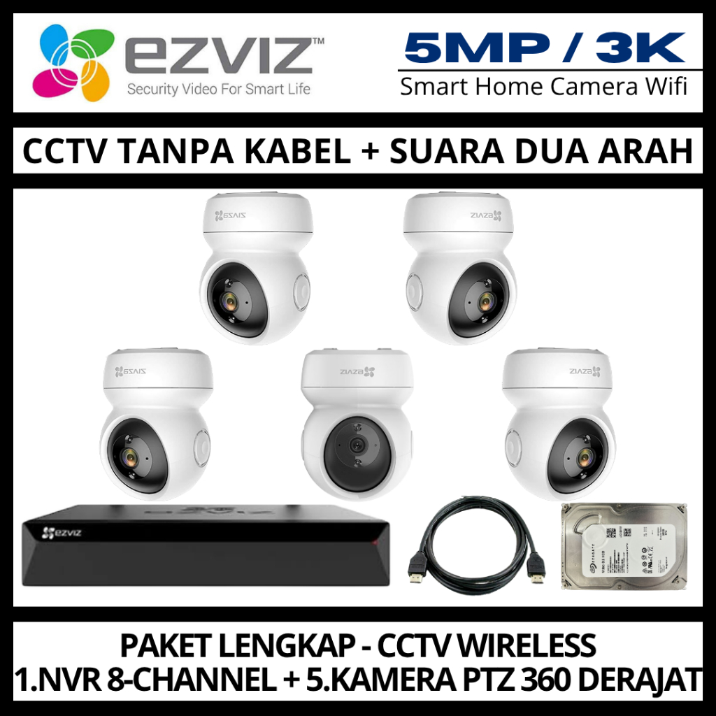 PAKET CCTV EZVIZ 5MP 8 CHANNEL 5 KAMERA WIRELESS