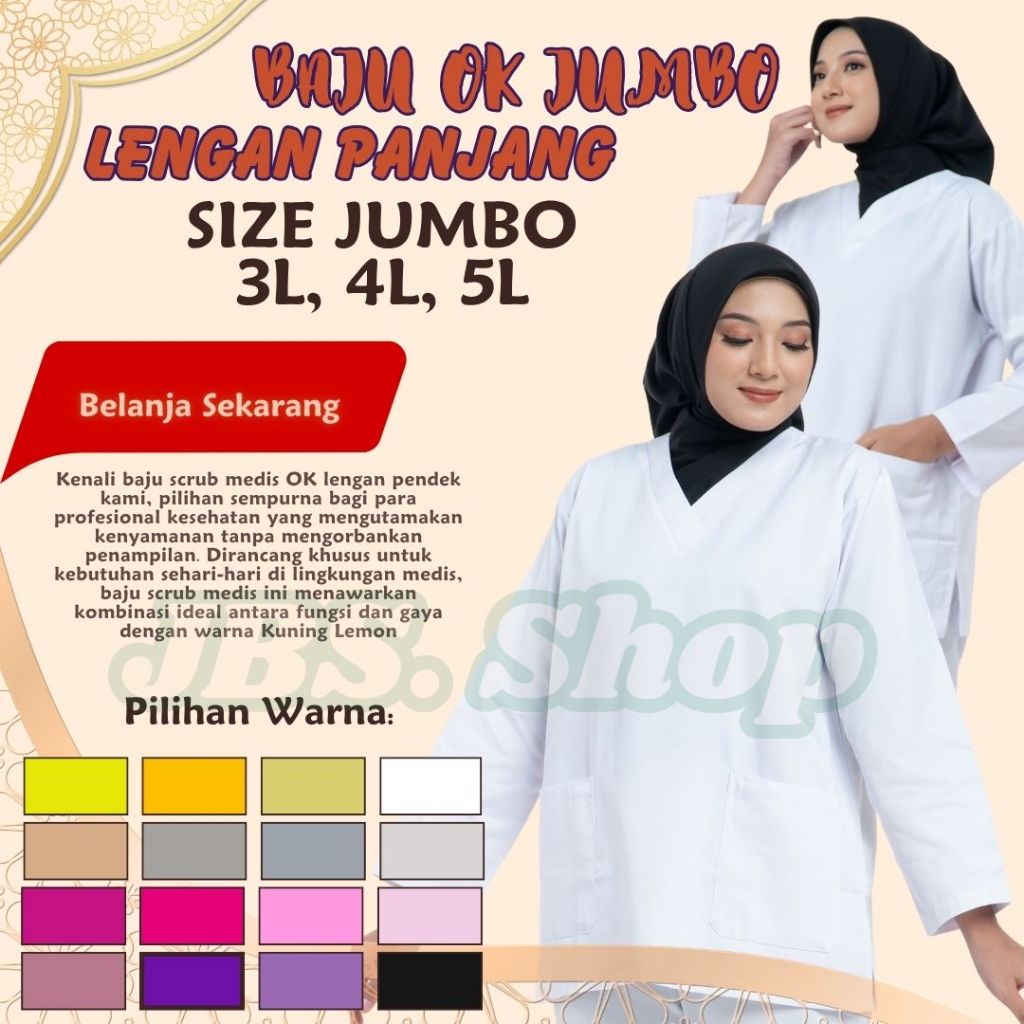 Baju OK Lengan Panjang Jumbo - Seragam Scrub Medis Perawat Dokter Size 3L, 4L, 5L