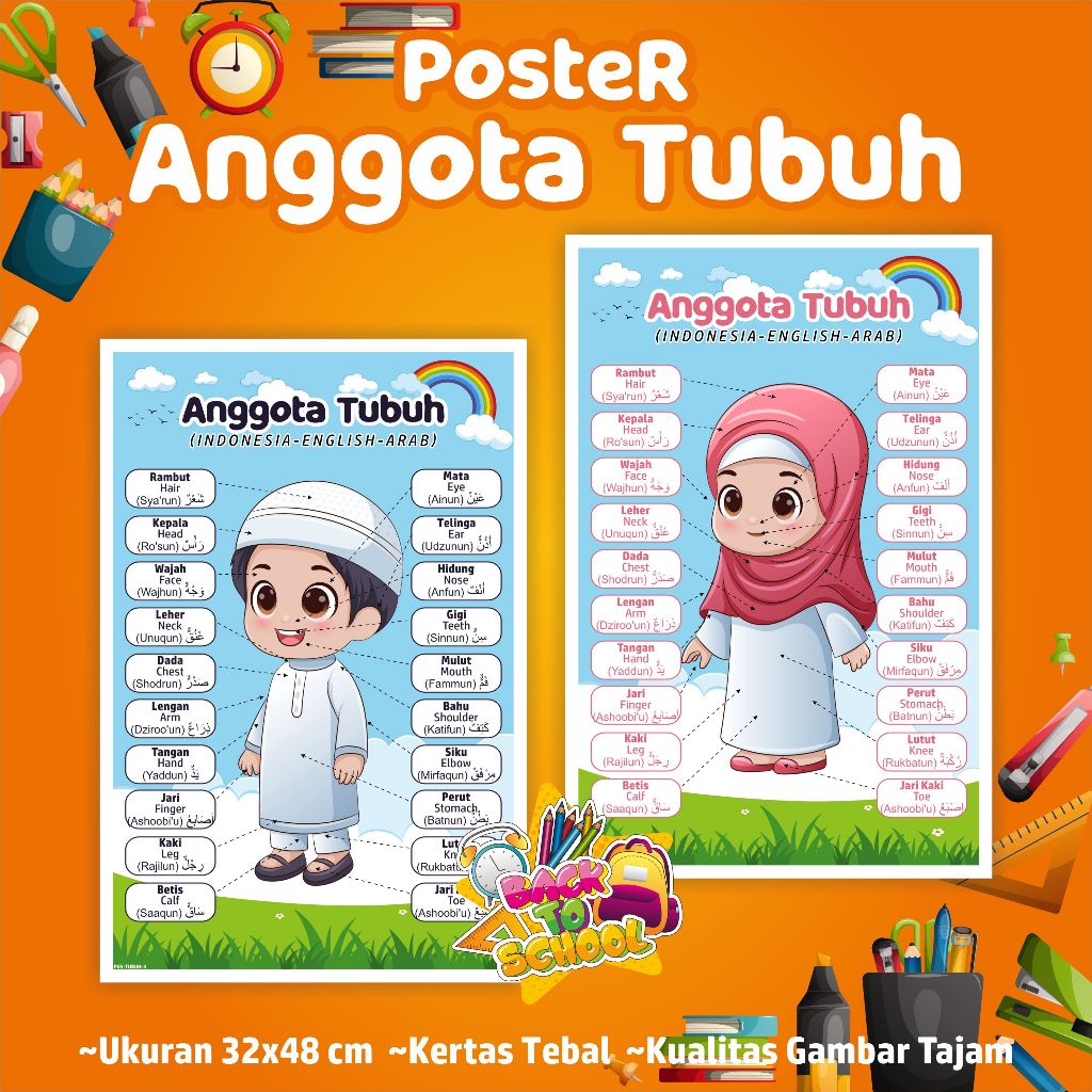 Poster Islami Anggota tubuh bahasa arab - inggris - indonesia, Poster Edukasi Anak