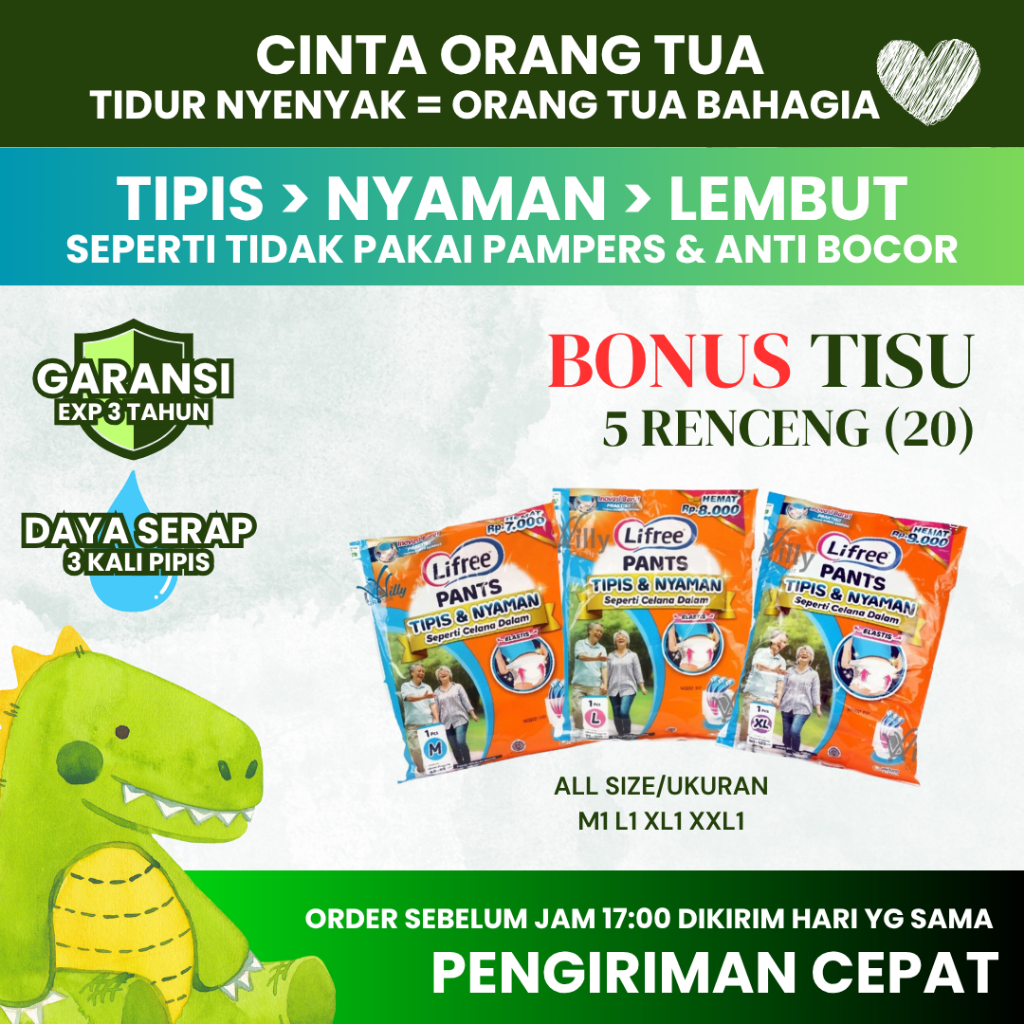 Popok Celana Dewasa Isi 5 Renceng (20) pcs - Lifree Pants Lifree Sachet Renceng Size M L XL XXL