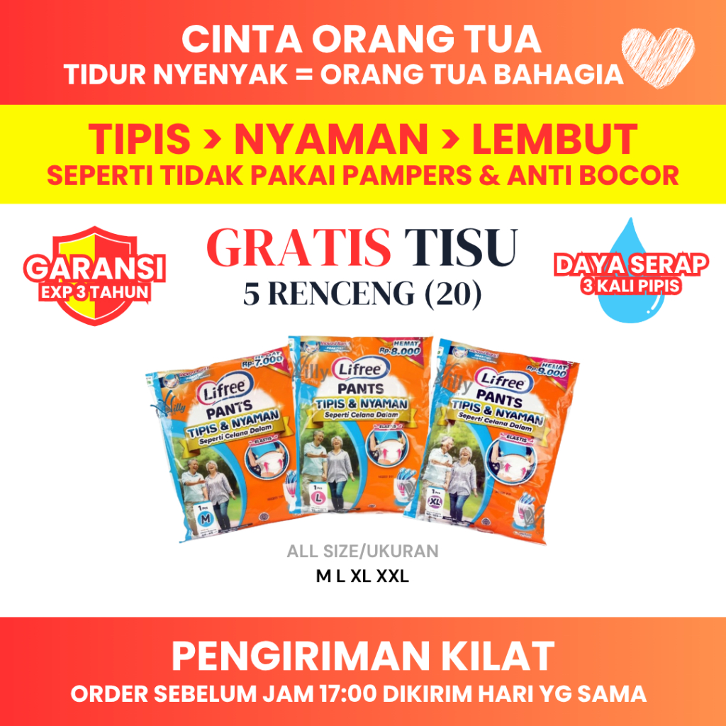 Popok Celana Dewasa Isi 5 Renceng (20) pcs - Lifree Pants Lifree Sachet Renceng Size M L XL XXL