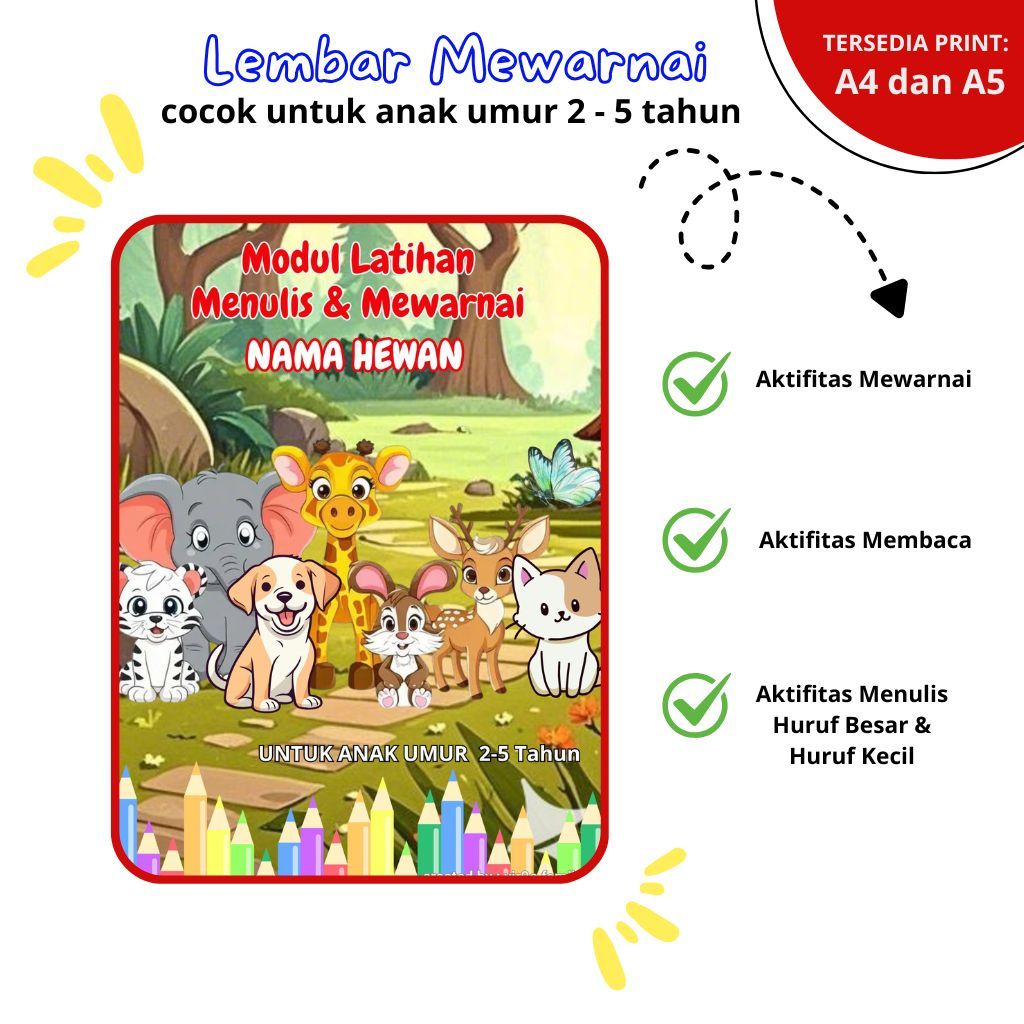 

Worksheet Anak Lembar Mewarnai dan Menulis Nama Hewan untuk anak pre-school/PAUD/Tk coloring sheet for kids ukuran kertas A5