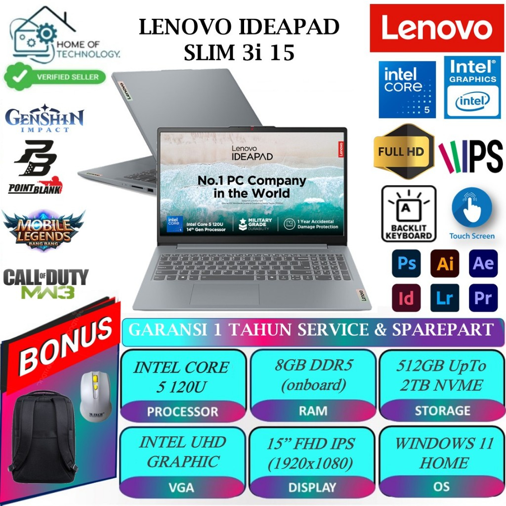 LAPTOP LENOVO Ideapad Slim 3i 15 INTEL 5 120U 16GB DDR5 2TB 15 FHD IPS TOUCH Backlight Fingerprint