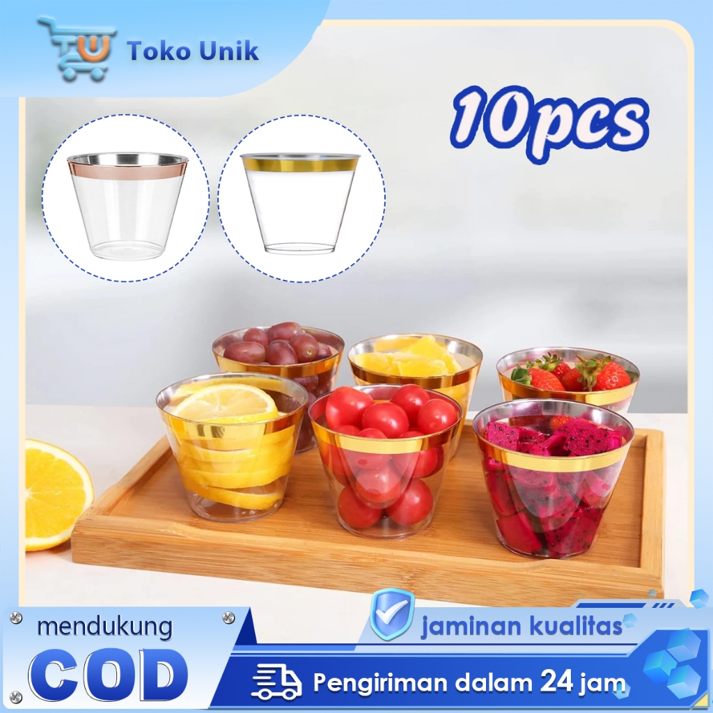 10pcs Gelas Plastik Transparant Emas Party Cup Untuk Minuman Jus Dessert Cup Unik Seperti Kaca