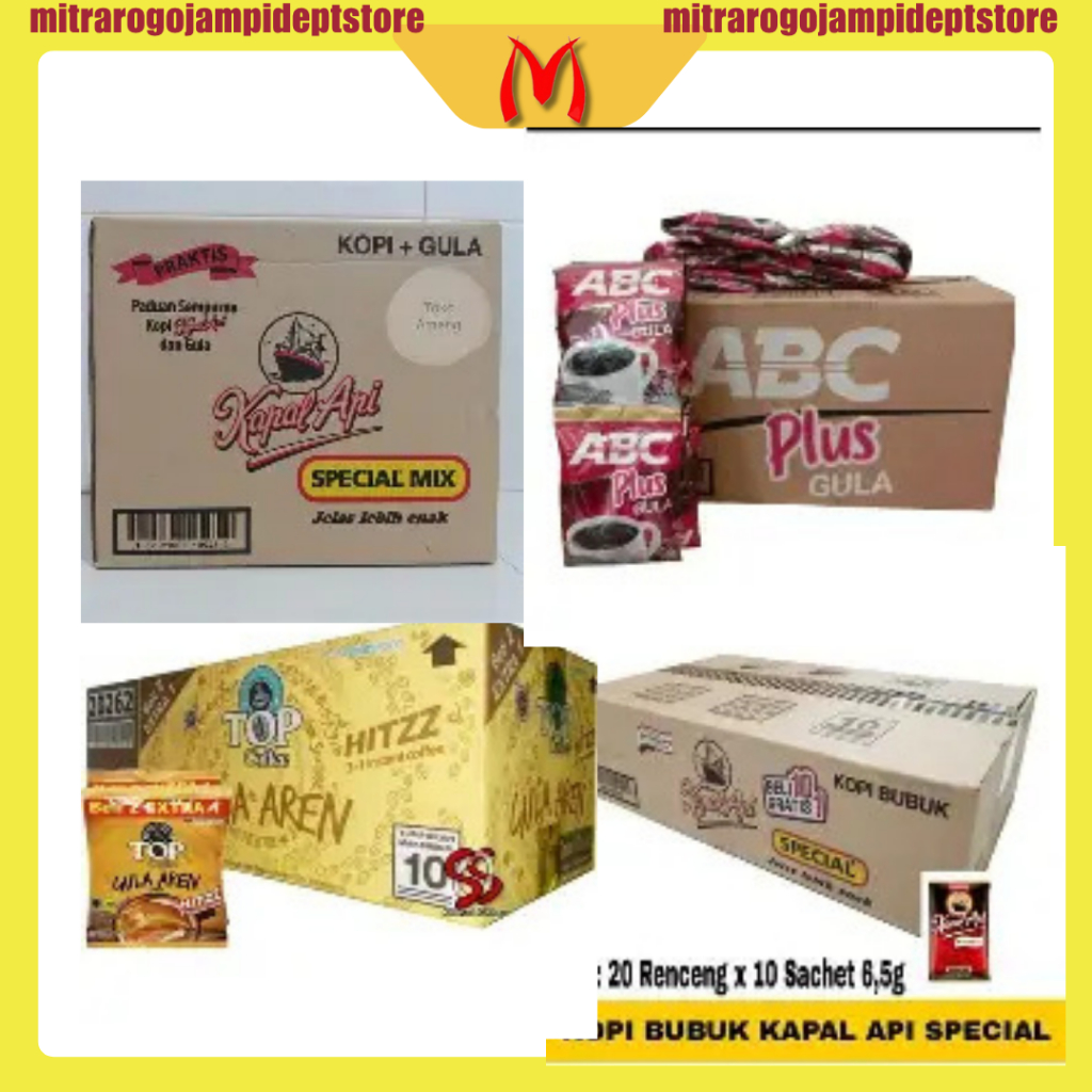 

ANEKA KOPI BUBUK SACHET 1 KARTON | ABC PLUS, KAPAL API MIX, KAPAL API SPESIAL, TOP GULA AREN