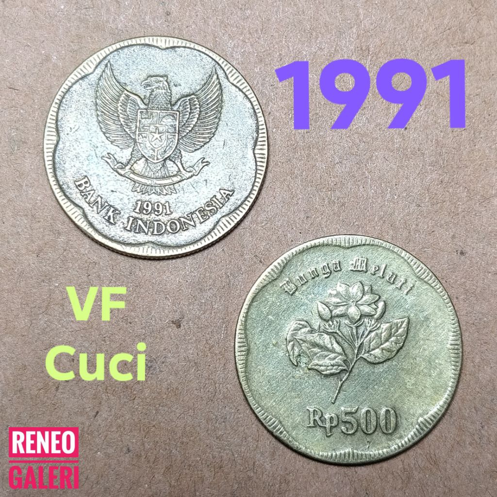 VF Koin 500 Rupiah Melati Besar Tahun 1991 Kuning Asli uang kuno logam Indonesia original