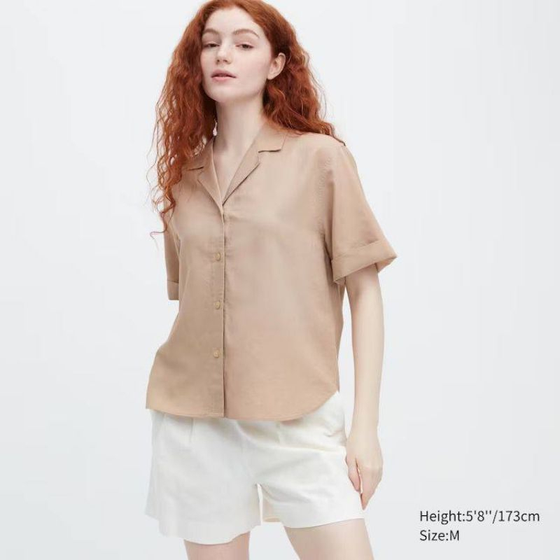 Kemeja Wanita Uniqlo Linen Blend Open Collar Atasan Wanita Kekinian