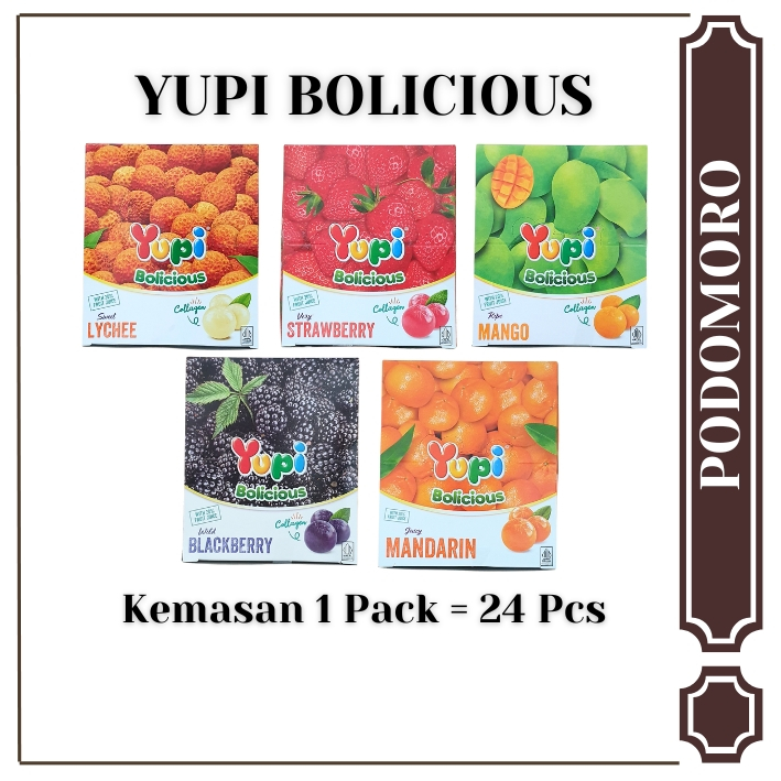 

Yupi Bolicious - 1 Pack isi 24 Pcs - 5 Varian Rasa - Blackberry/Strawberry/Lychee/Mangga/Jeruk Mandarin