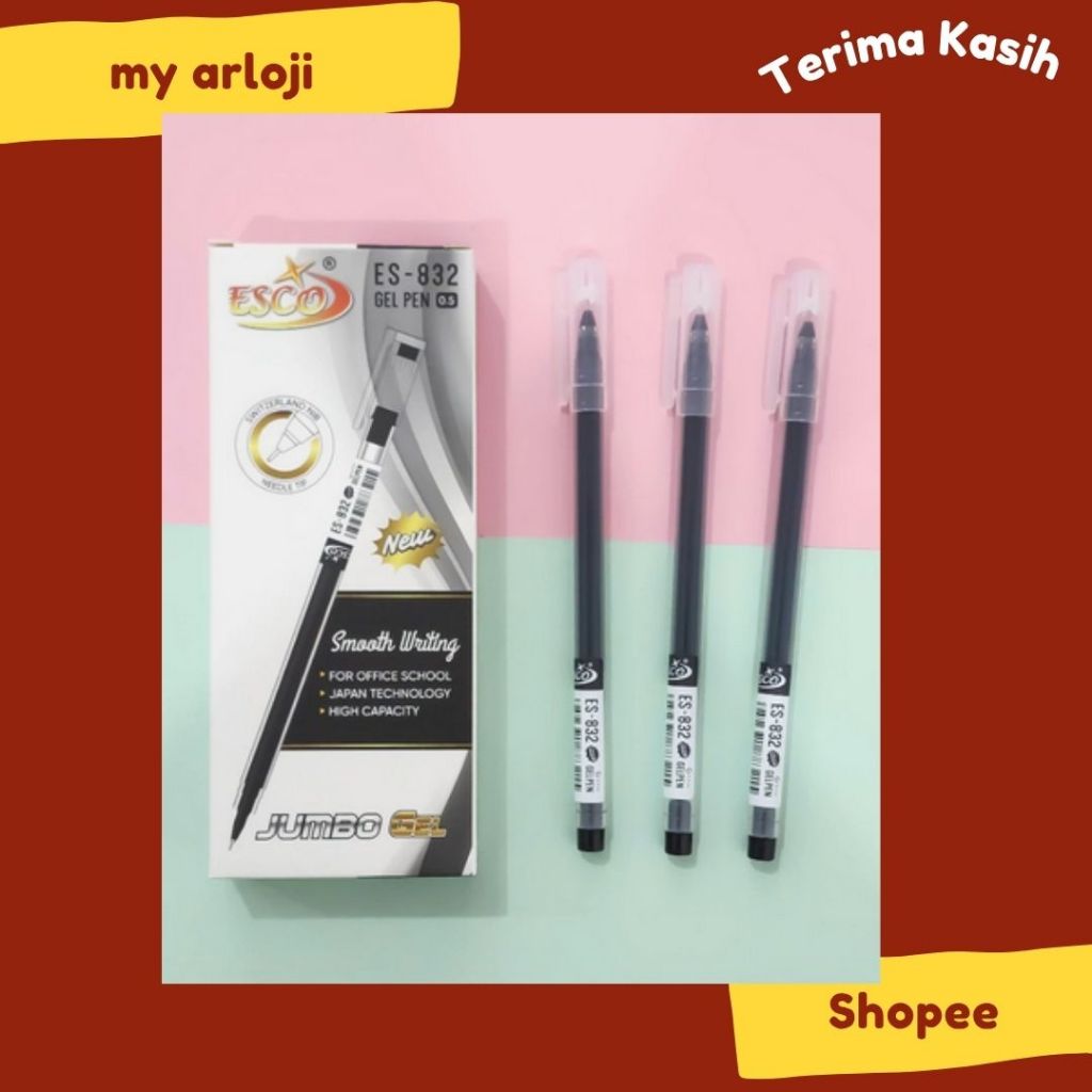 

(12pcs) Esco Mini Pen Gel ES 832 0,5 Tinta Hitam Anti Macet Luntur Murah