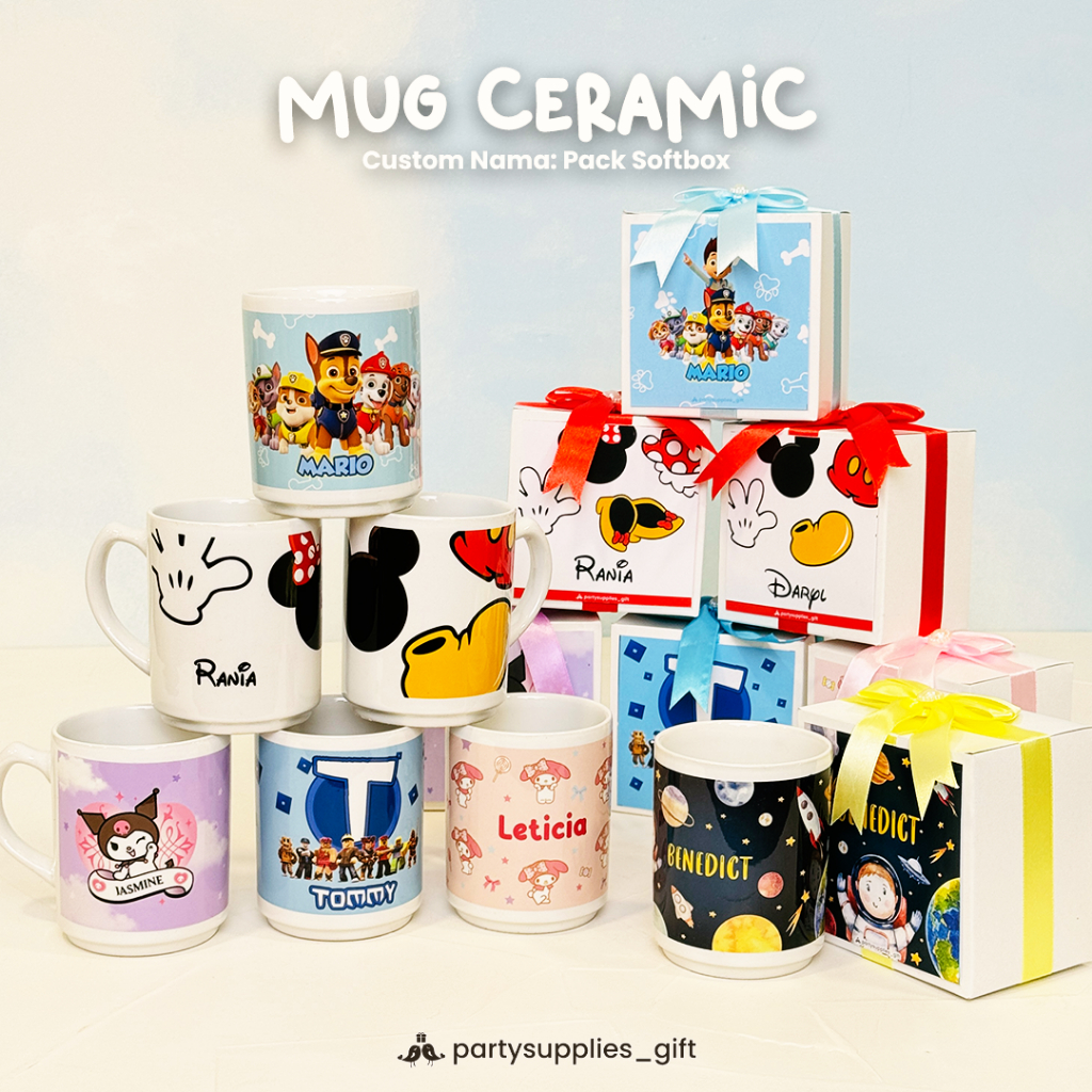 Mug Mangkok Ceramic Custom Nama / Hadiah Ulang Tahun Anak / My Melody - Kuromi - Paw Patrol - Roblox
