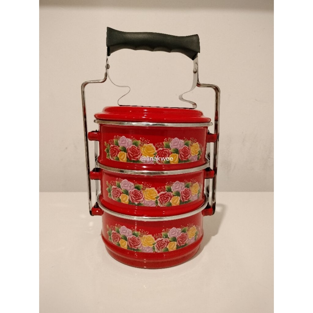 Rantang Enamel Vintage 3 Susun | Motif Bunga Mawar | Produksi 1990an