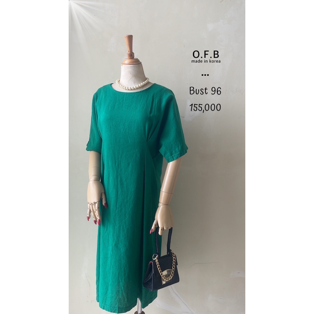 Mini dress linen hijau emerald green polos loose nat lengan pendek simple elegan premium murah