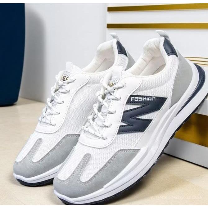 Sneakers Pria Sporty Kulit PU Sol Tebal Warna Putih - Sepatu Kasual Korea Style