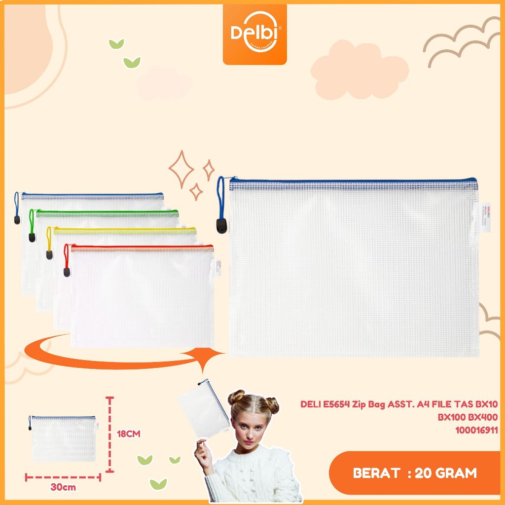 

Map Zipper - Zipper Pocket - Tempat Dokumen Plastik Sleting Deli 5654 Zip Bag ASST. A4