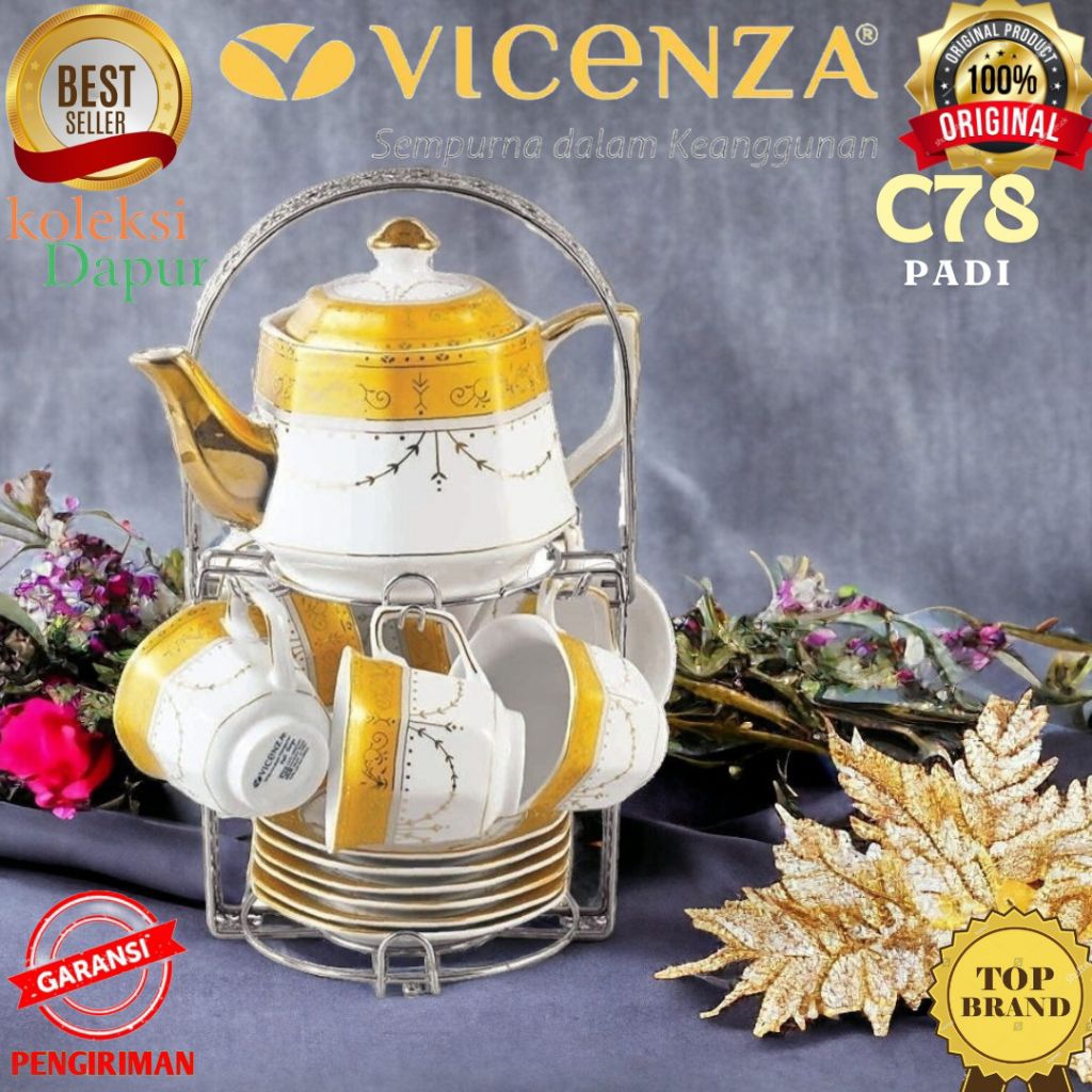 Perlengkapan Minum Teh VICENZA C78 motif PADI, dilengkapi set Cangkir Segi Delapan dan teko VICENZA 