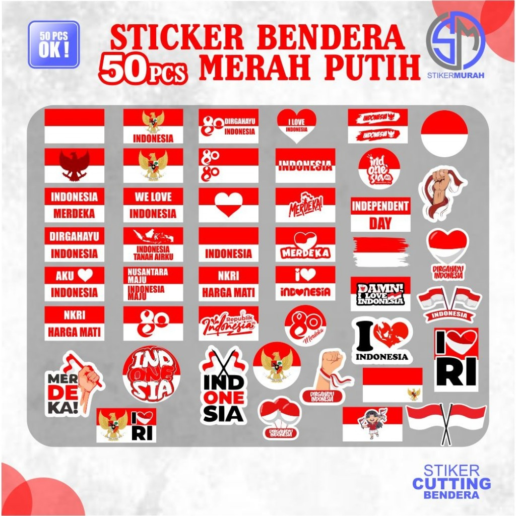 

50pcs stiker bendera merah putih indonesia sudah terpotong uk.4x2cm bisa untuk di tempel di pipi
