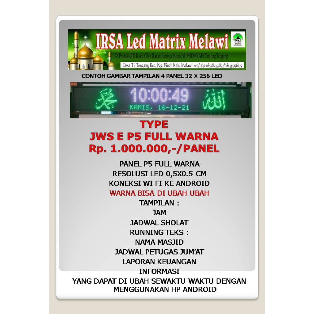 JAM MASJID DIGITAL P5 (FULL WARNA)