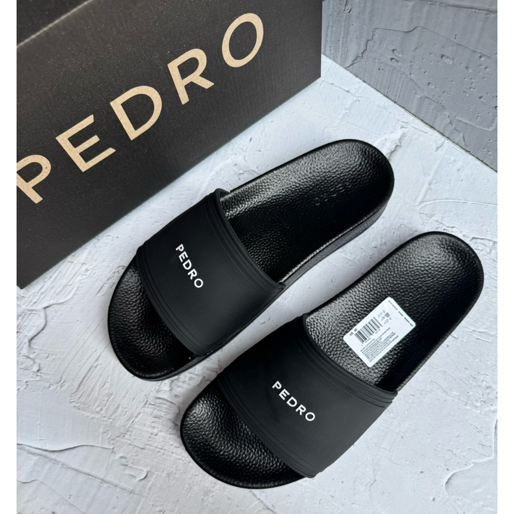 sandal slip on premium Miror hitam tulisan putih