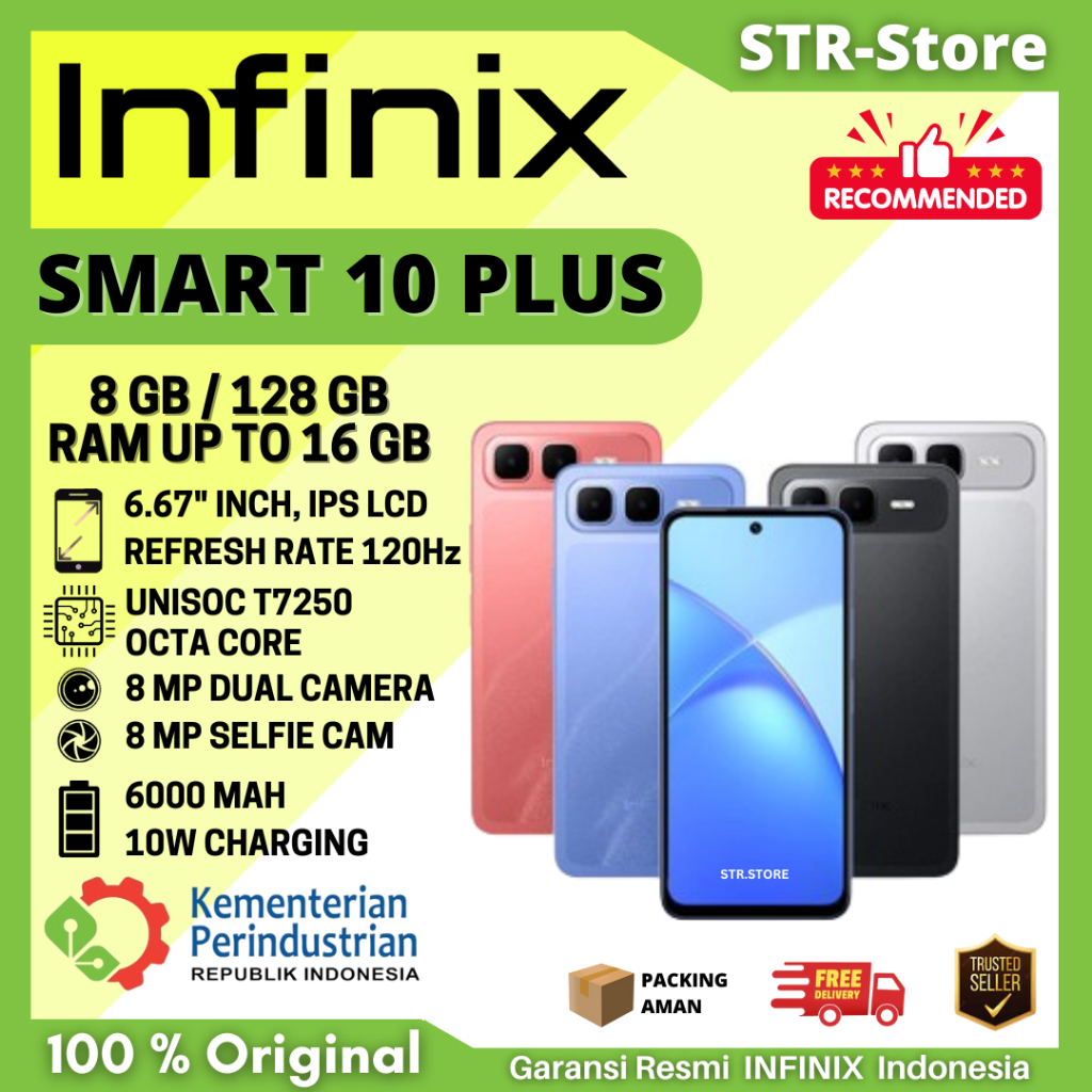 INFINIX SMART 10 PLUS 8/128 GB SMARTPHONE GARANSI RESMI INFINIX RAM 8 + 8 GB - INFINIX SMART 10 PLUS