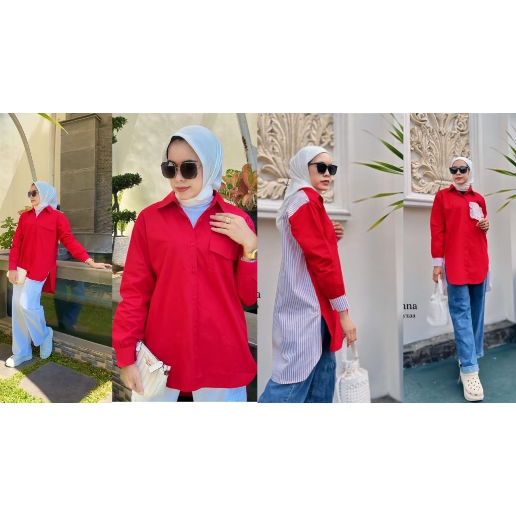 Tunik bahan katun poplin mix salur katun jpg YUMNA by.keyzaa