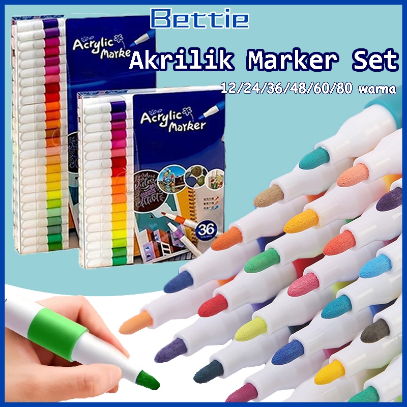 

Bettie 36/48/60/80 Colors Pen Acrylic Marker Warna Cepat Kering Tahan Air / Spidol Acrylic Painter