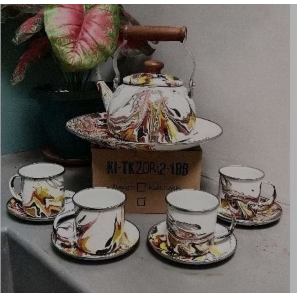 Set Teko + Gelas + Tatakan Enamel Abstrak Vintage Jadul (Limited edition)