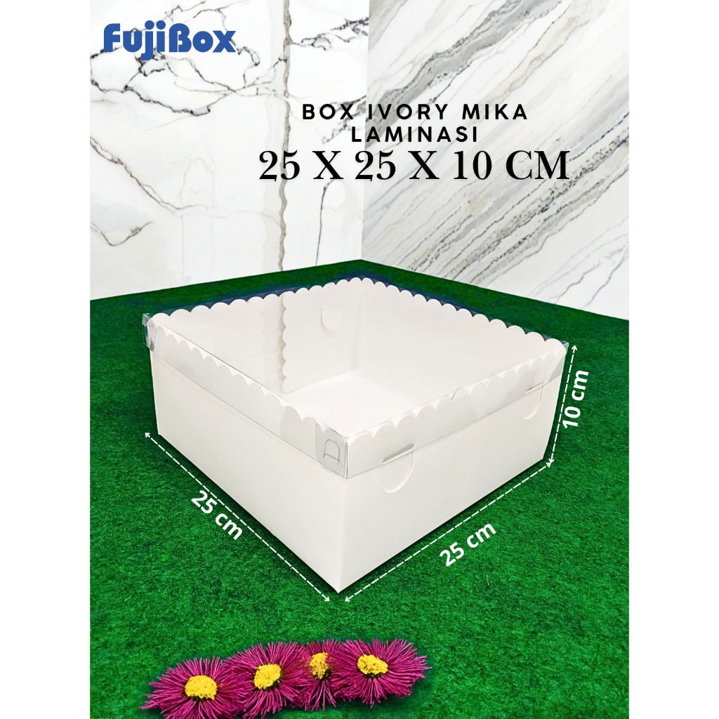 

( 10 Pcs ) Fuji Box Dus Kotak Kue hampers puding cake Ivory Polos laminasi 25 cm x 25 cm x 10 cm Premium Tutup Mika Full