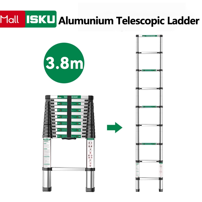 【3.8m】ISKU Telescopic Ladder Alumunium 3.8m Single Telescopic Ladder/3.8  Meter Tangga