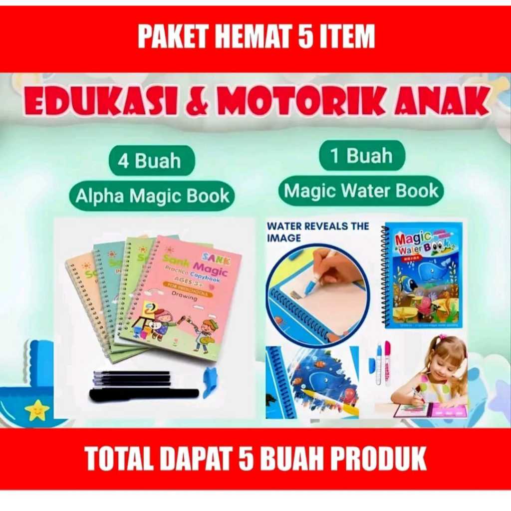 

(RDM) PAKET 5 BUKU BELAJAR ANAK Free 5 Refill Pen + 1 Pulpen + Holder Pen + 1 Buku Gambar Edukatif Anak