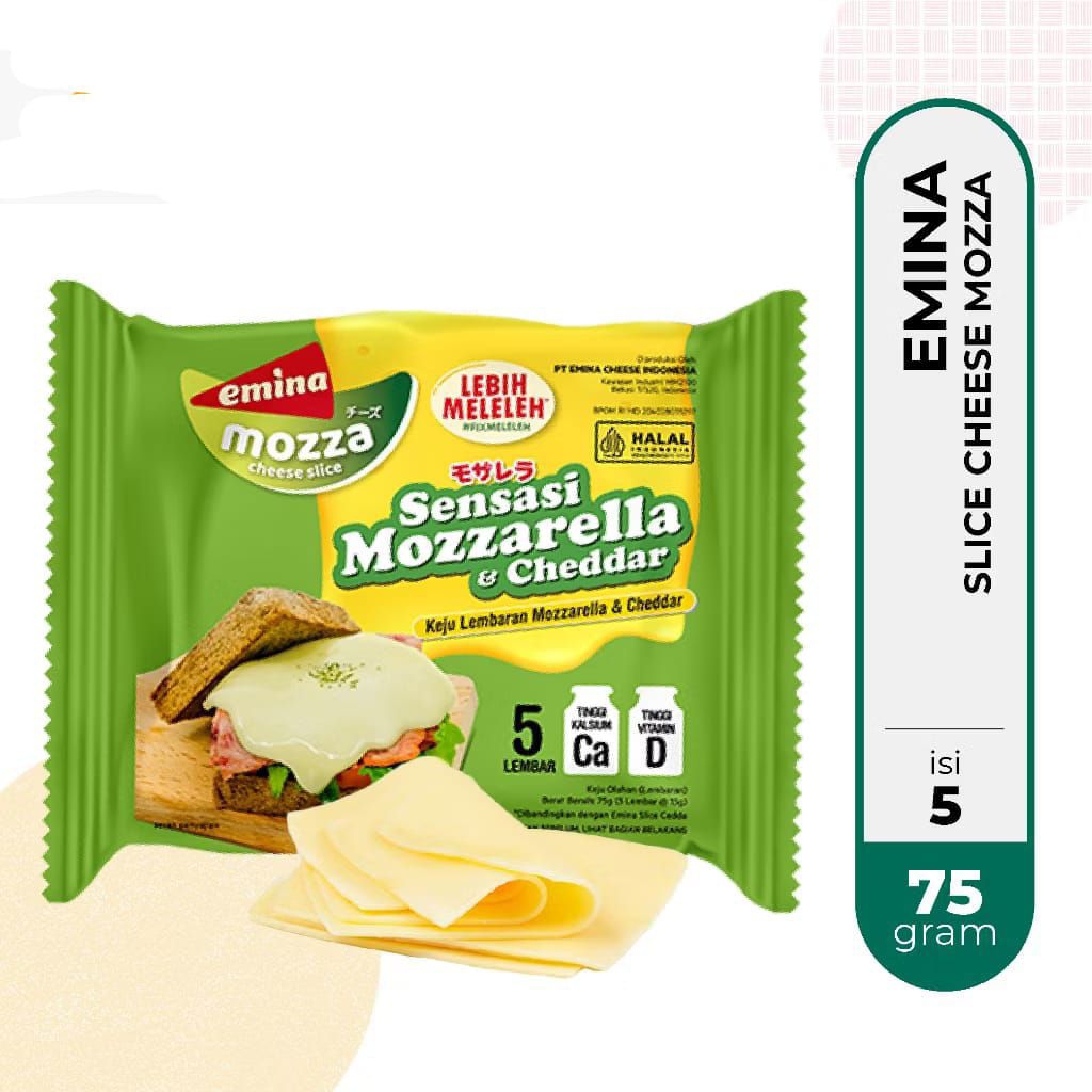

Emina Slice Cheese Mozzarela 75gr isi 5pcs - Keju Mozzarela Slice