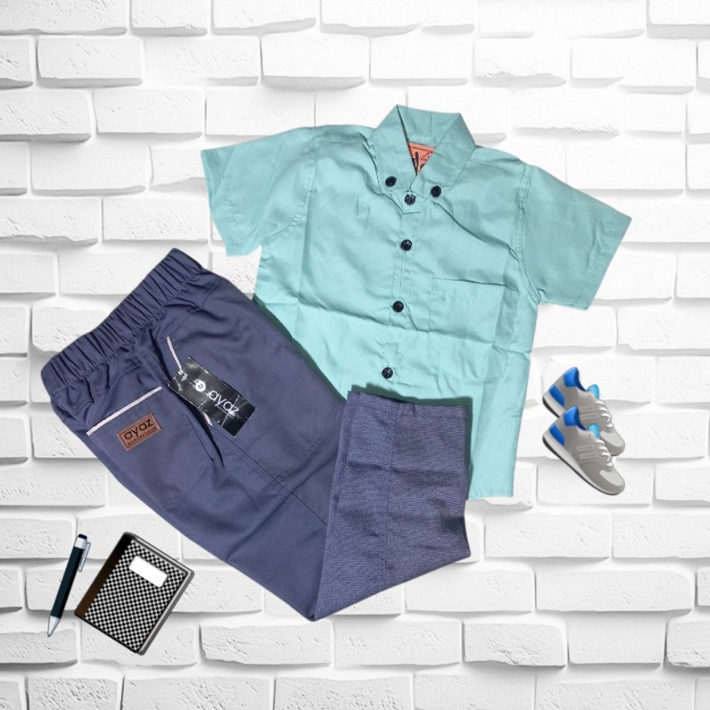 SANSCLOUD - Setelan Kemeja Anak laki-laki Celana Anak Katun Panjang 2-10 Tahun - Setelan Baju Kemeja