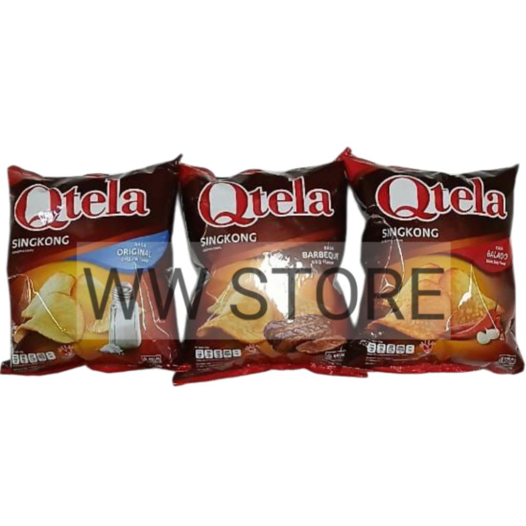 

Cemilan snek makanan ringan kripik keripik singkong rasa asli balado barbekiu barbekue snack halal MUI Qtela Original Spicy BBQ Barbecue Barbeque Flavor Flavour CASSAVA CHIPS Chip 175g